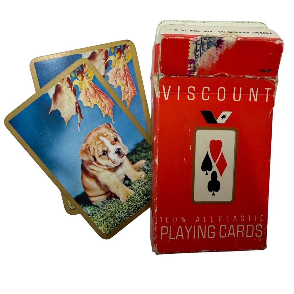 Vintage Viscount All Plastic Playing Cards Bulldog Puppy Dog Red Box Japan